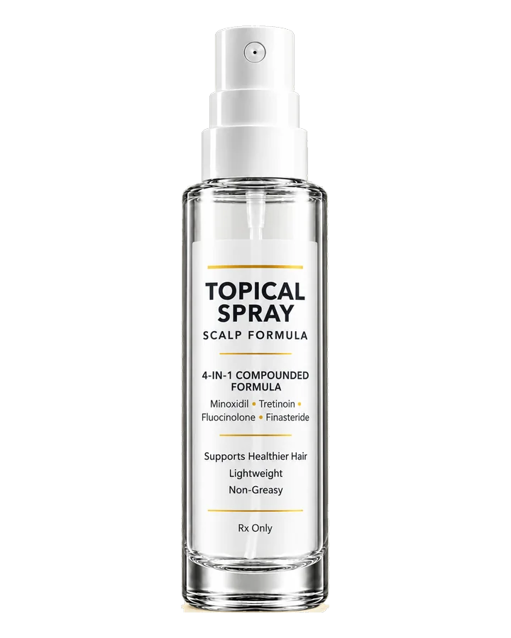 Bottle of Beema Health compounded hair loss spray for men with minoxidil, tretinoin, fluocinolone, and finasteride