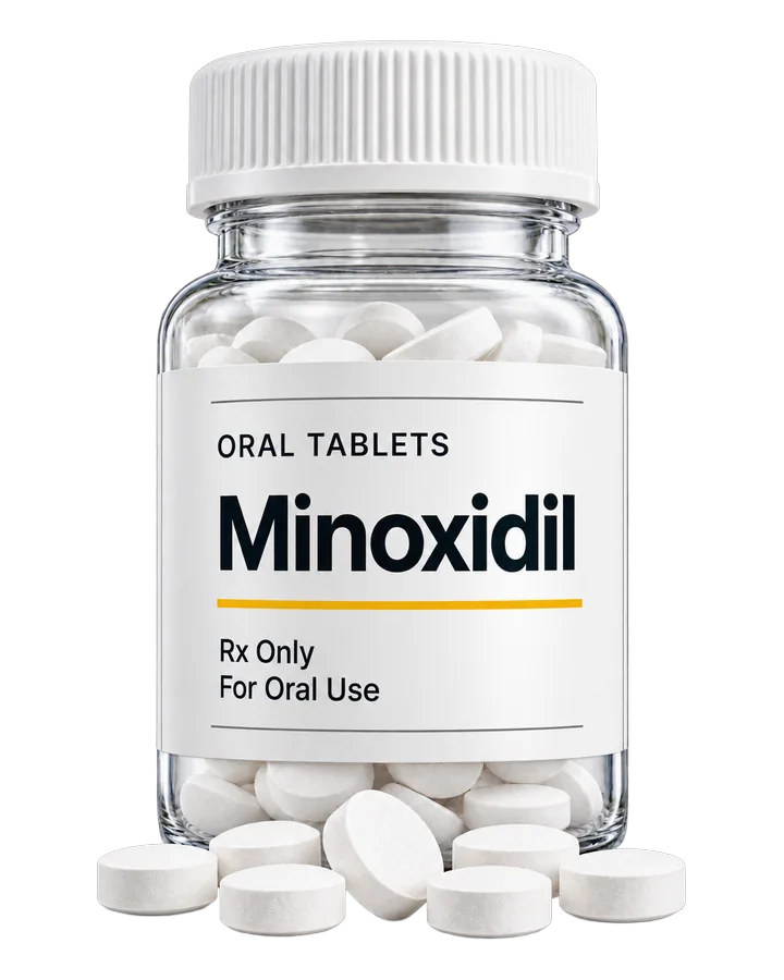 Bottle of Beema Health oral minoxidil tablets for men, an FDA-approved generic medication for hair loss